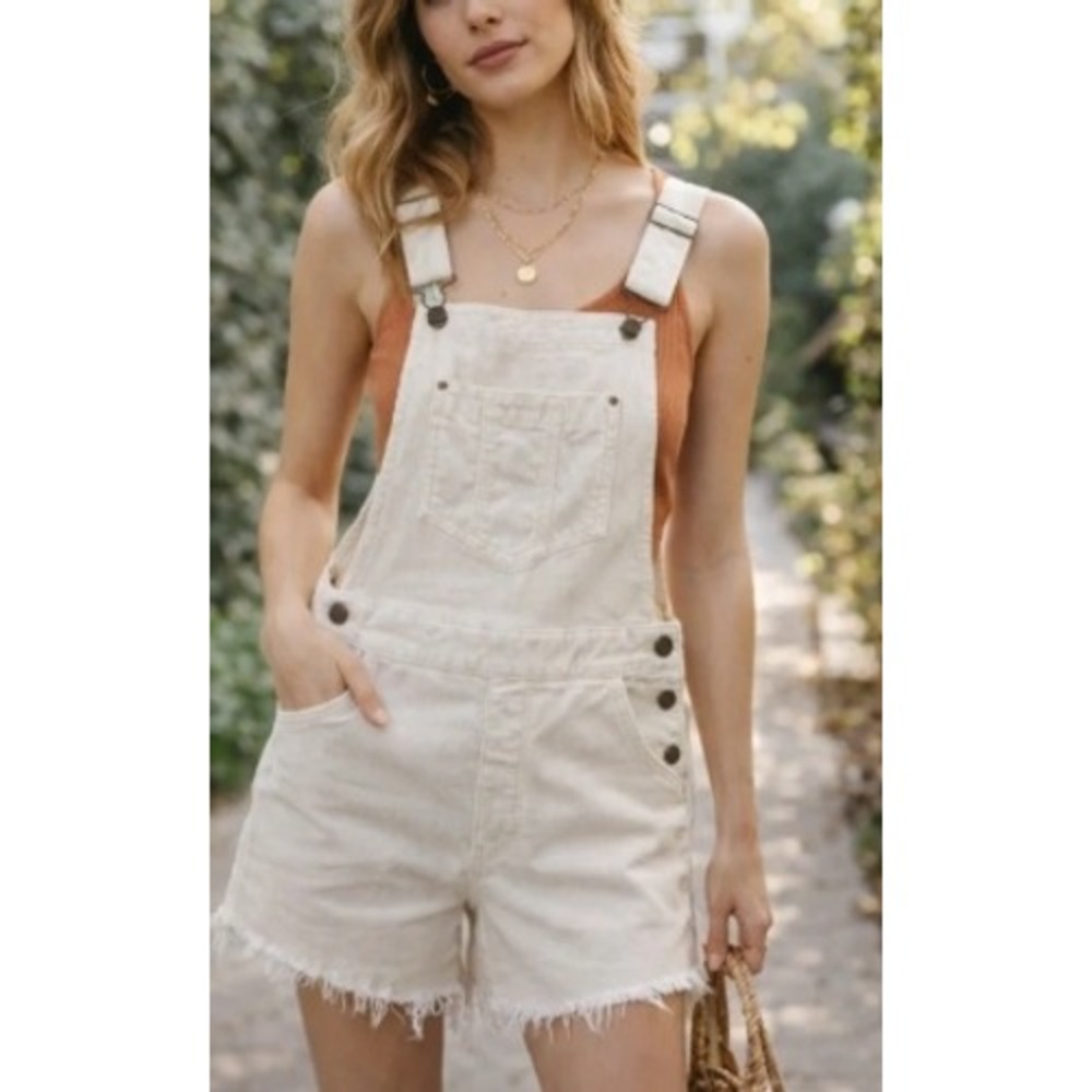 Pilcro Cream Corduroy Shortalls Frayed Hem Bib Overalls Off White Womens Small